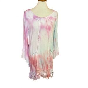 Vtg Y2K Tie dye Bell sleeve fringed tunic
